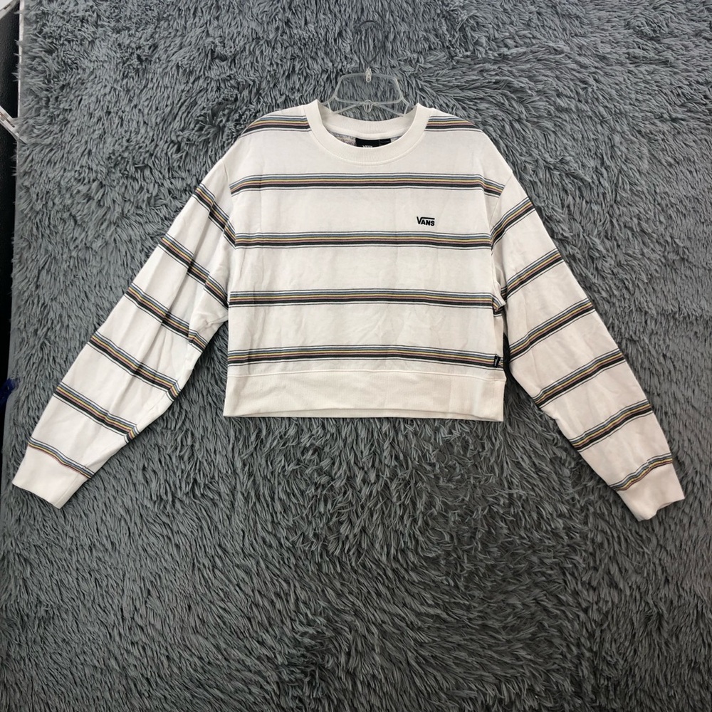 Vans Sweatshirt Womens XL Striped Logo White Long Sleeve Crew Neck Cropped